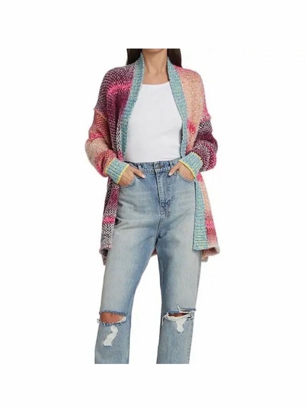 Free People Multicolor Open-Front Knit Cardigan - Pink & Teal